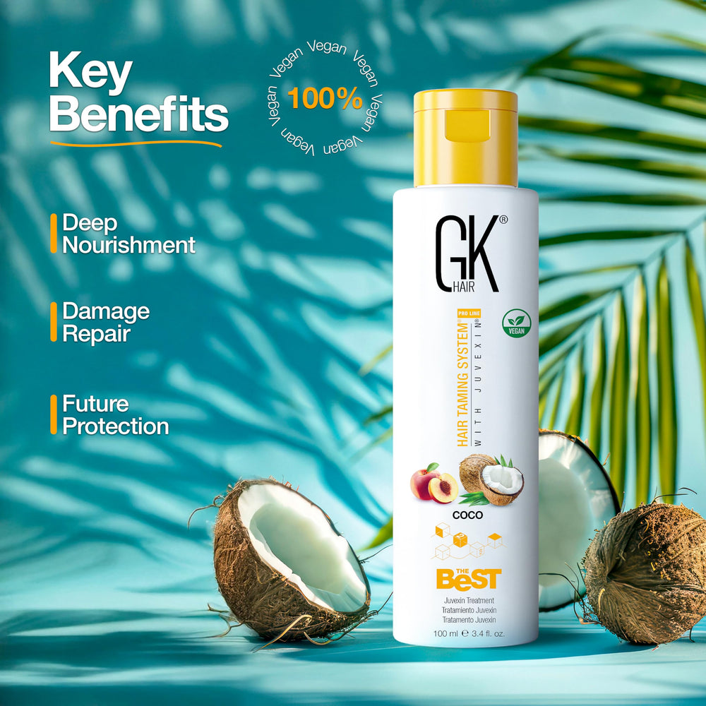 GK Hair COCO bottle-close shine detail signals luxurious salon-grade finish.