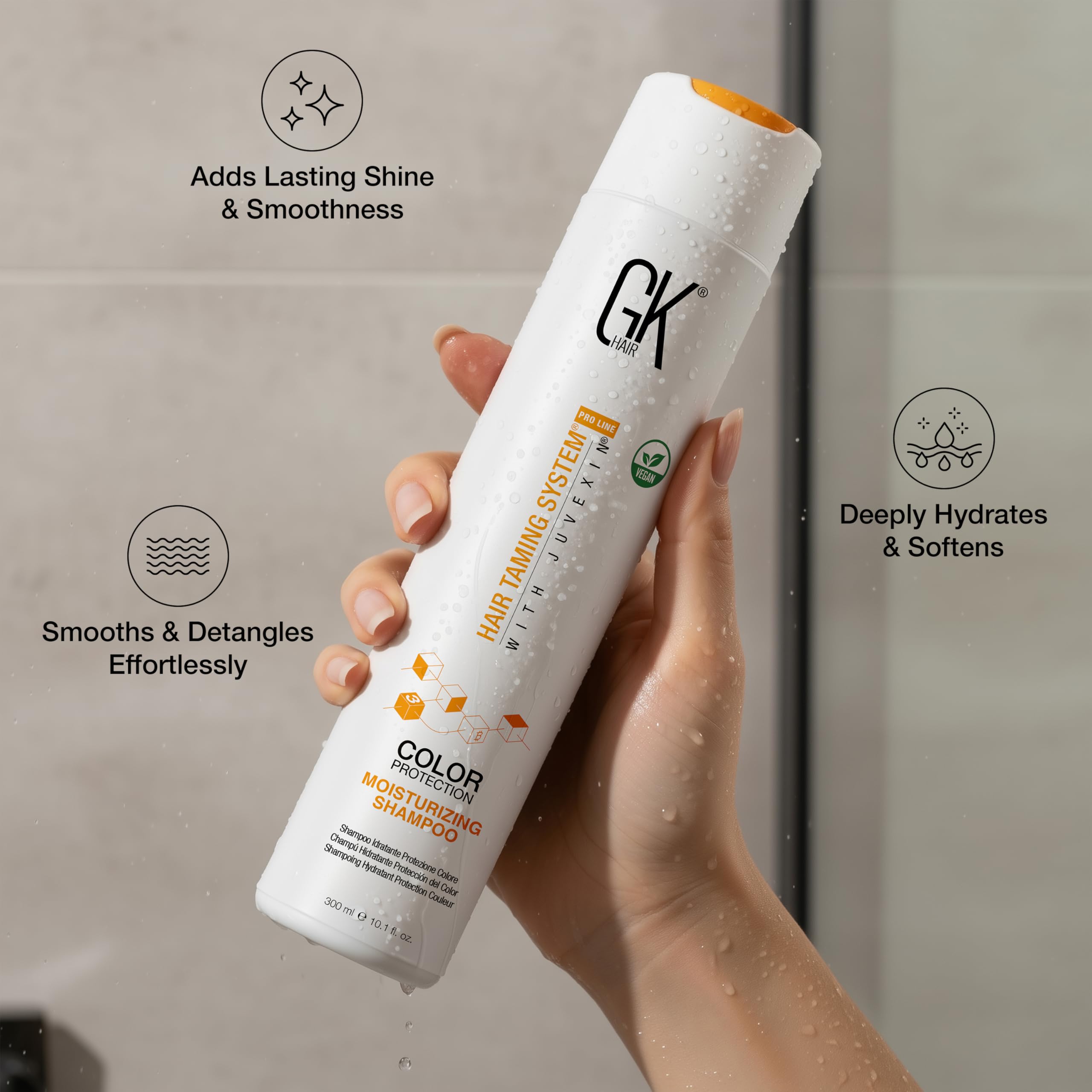 GK HAIR conditioner bottle close-up emphasizing hydrating formula for color-treated hair