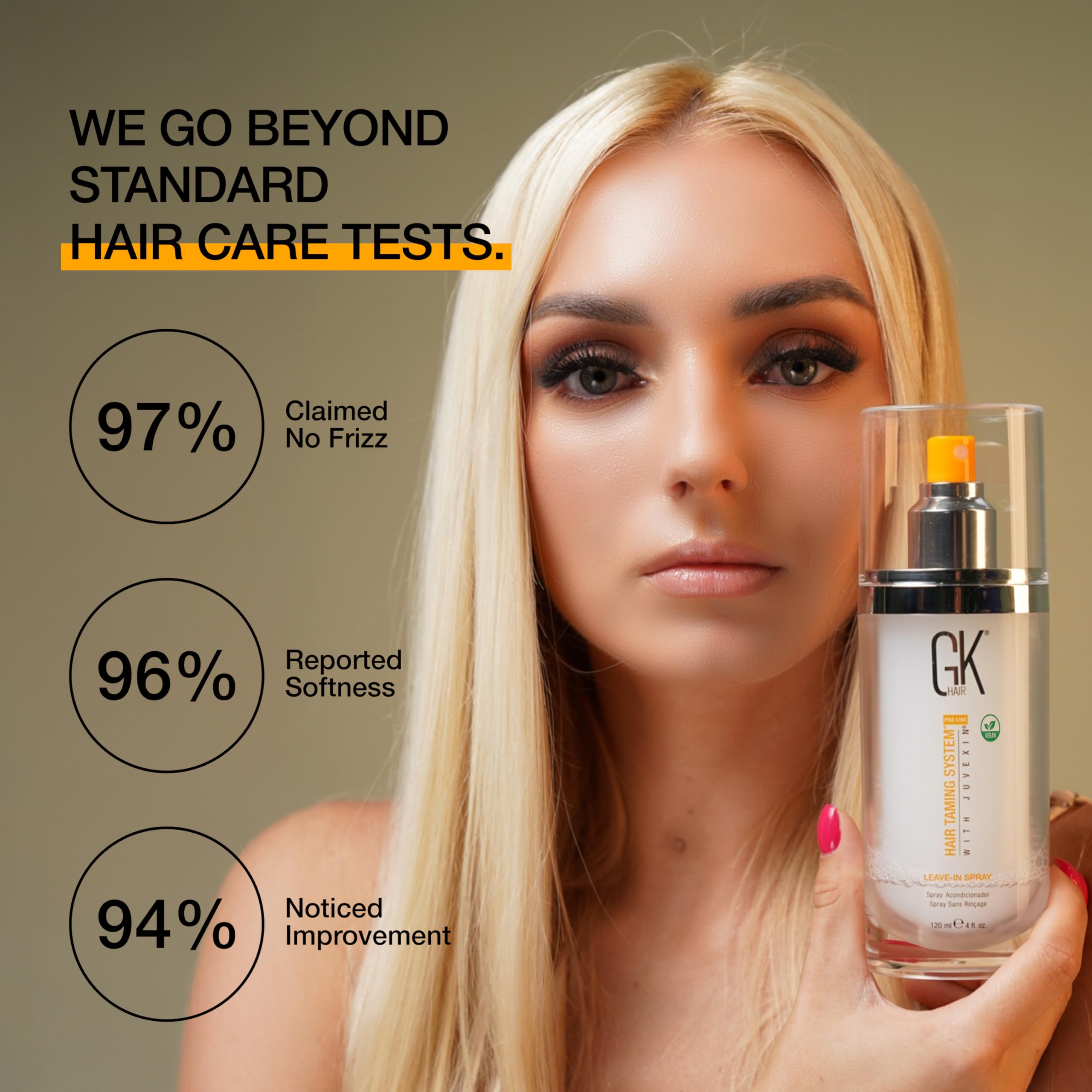 GK HAIR frizz-control spray image highlights soft finish and detangling ease.