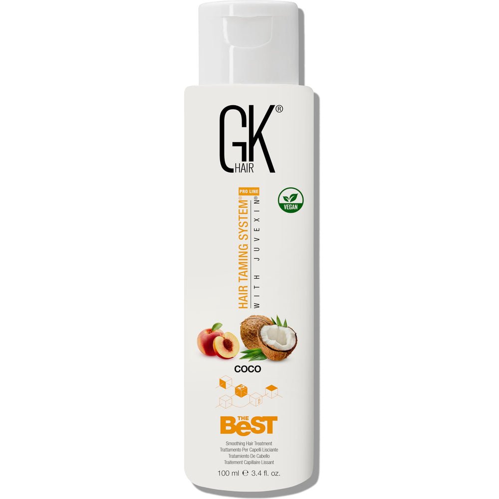 GK Hair Global Keratin COCO bottle shows smoothing formula for salon-grade results.