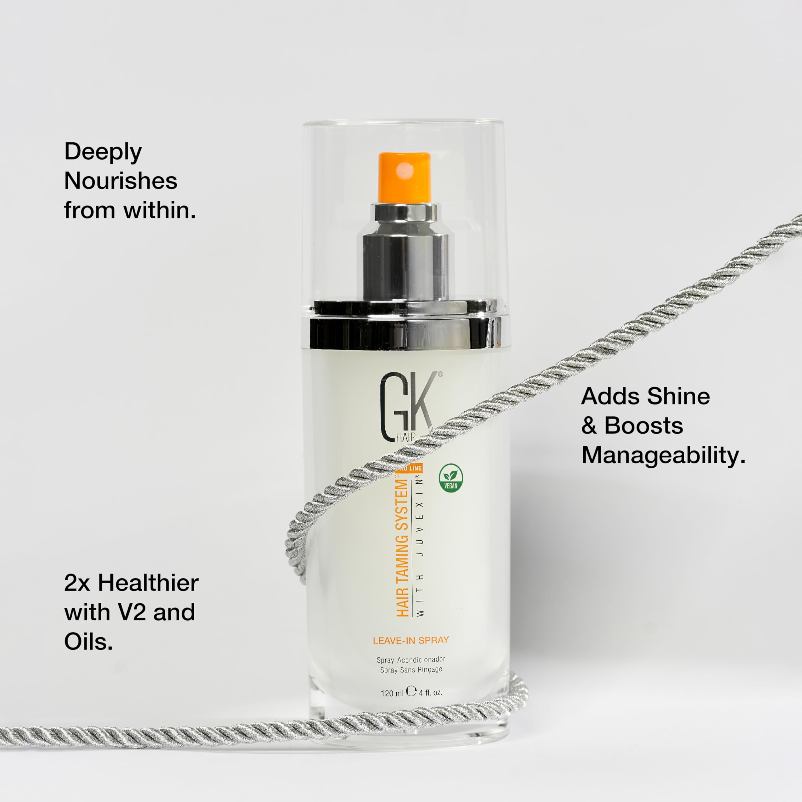 GK HAIR heat protectant spray demonstrates lightweight coverage before styling sessions.