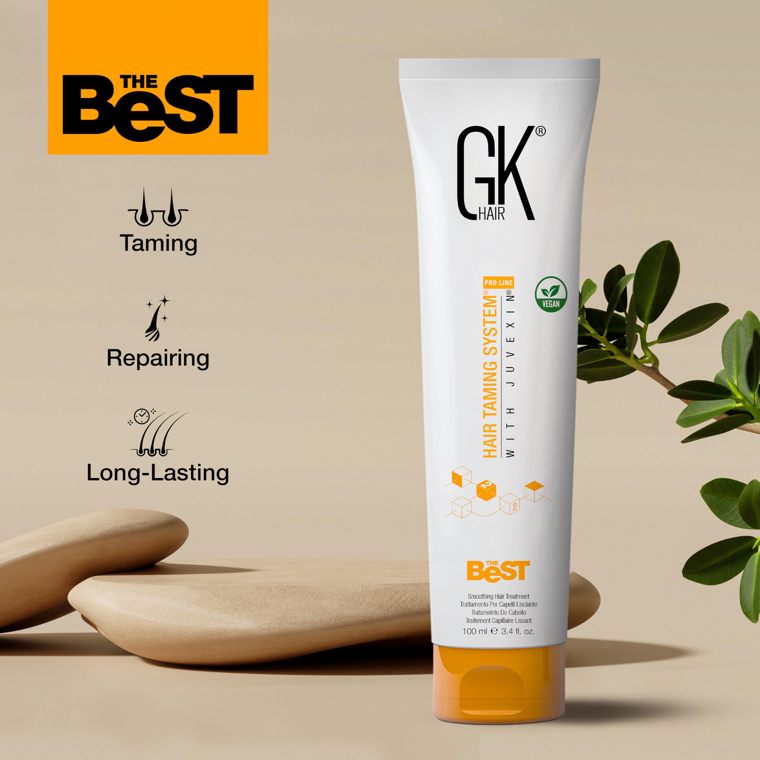 Frizz control close-up shows frizz reduction with GK Hair keratin.
