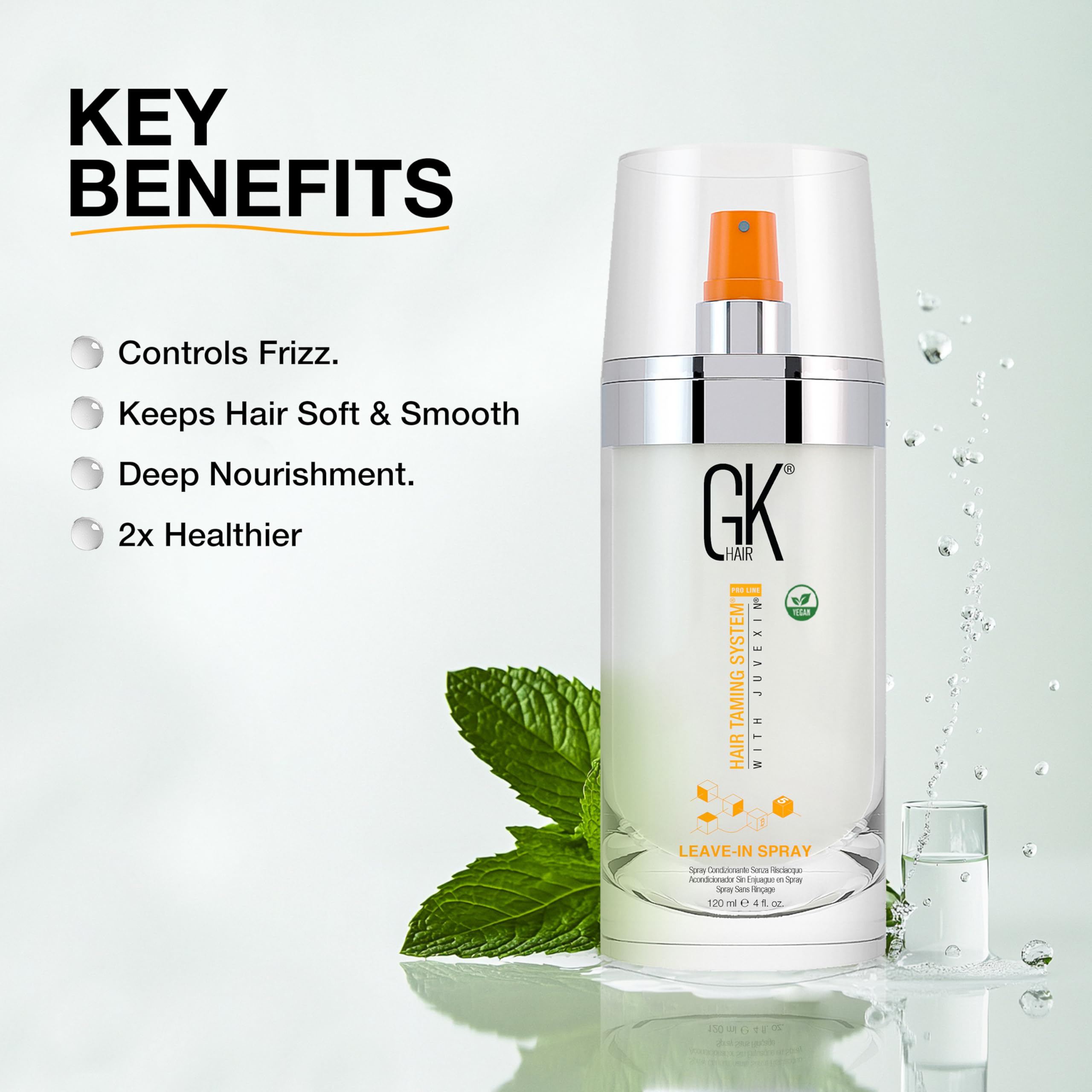 GK HAIR leave-in spray bottle with moisture and nourishment for damaged strands.