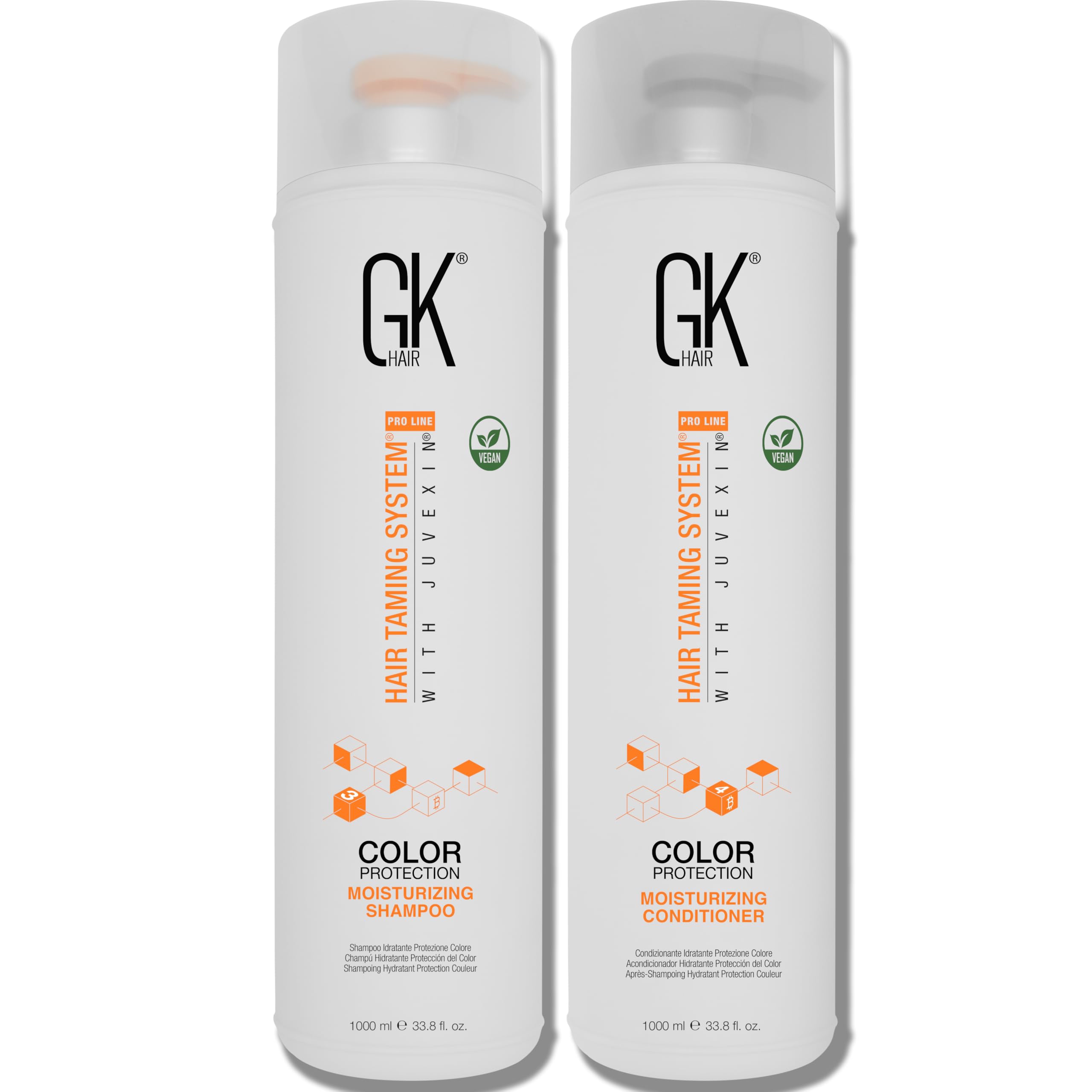 GK HAIR Moisturizing Shampoo bottle-pour highlights color-safe cleansing and hydration.
