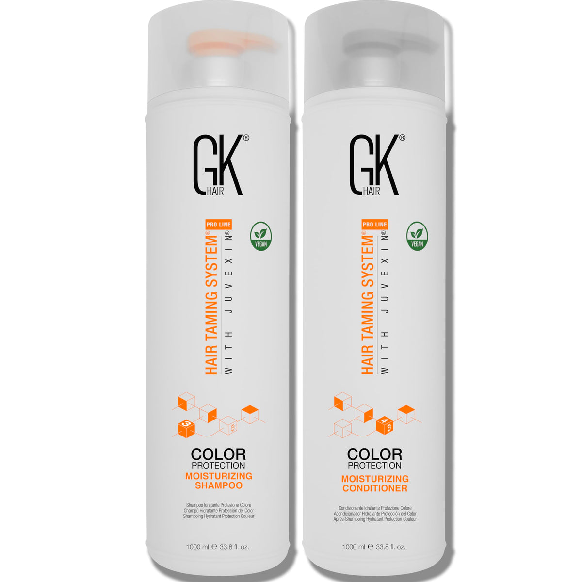 GK HAIR Moisturizing Shampoo bottle-pour highlights color-safe cleansing and hydration.