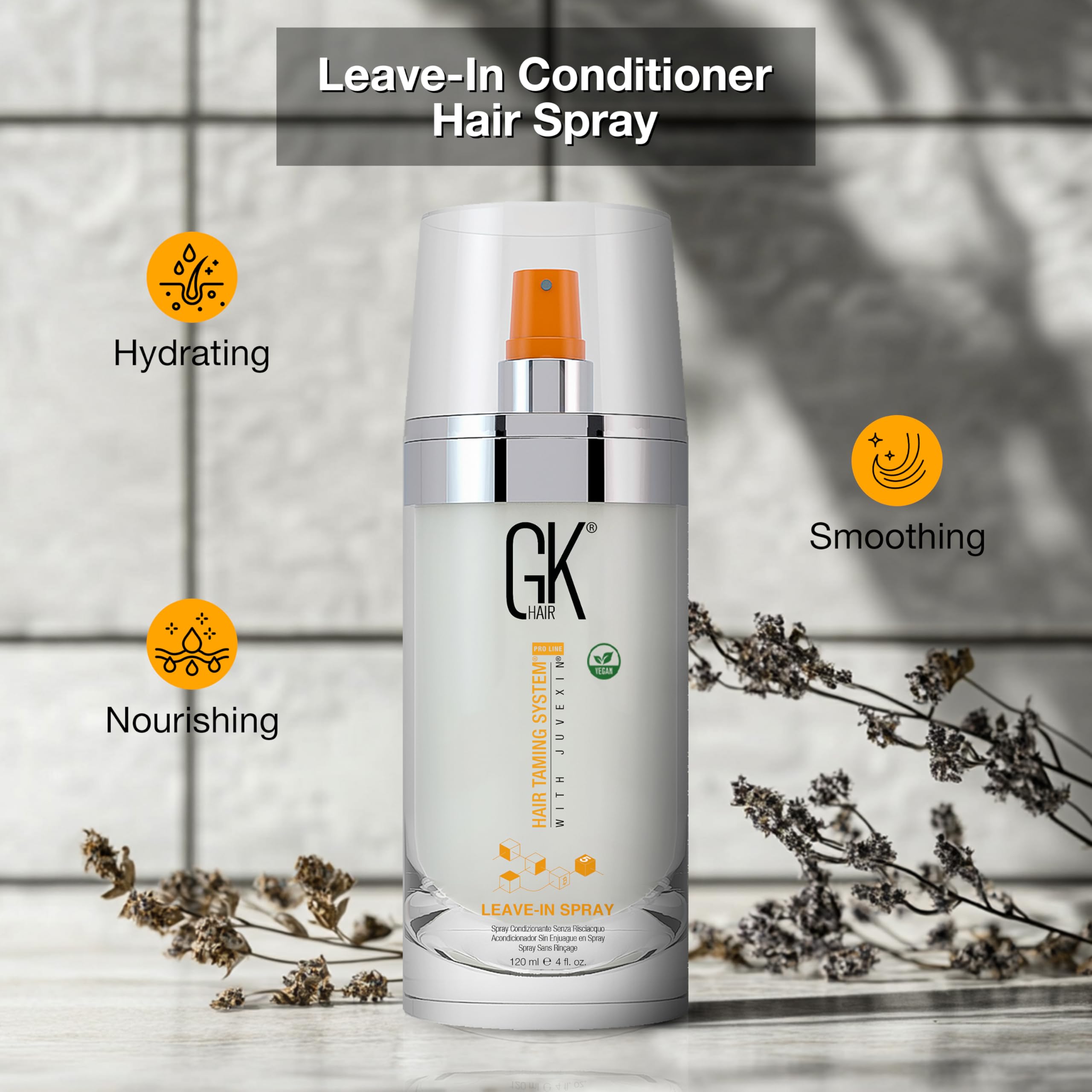 GK HAIR vegan conditioner bottle focuses on natural seed oils for hydration.