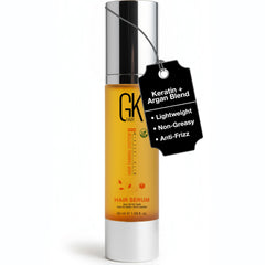 GK HAIR Oil Argan Bottle highlights heat protection and frizz control.