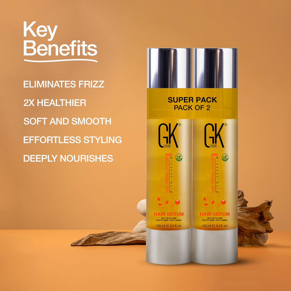 GK HAIR Oil bottle display highlights 3.4 oz two-pack benefits.