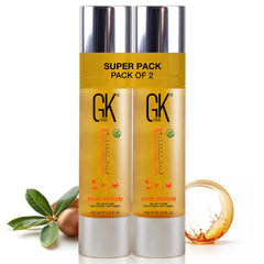 GK HAIR Oil bottle front with argan serum for shiny, frizz-free hair.