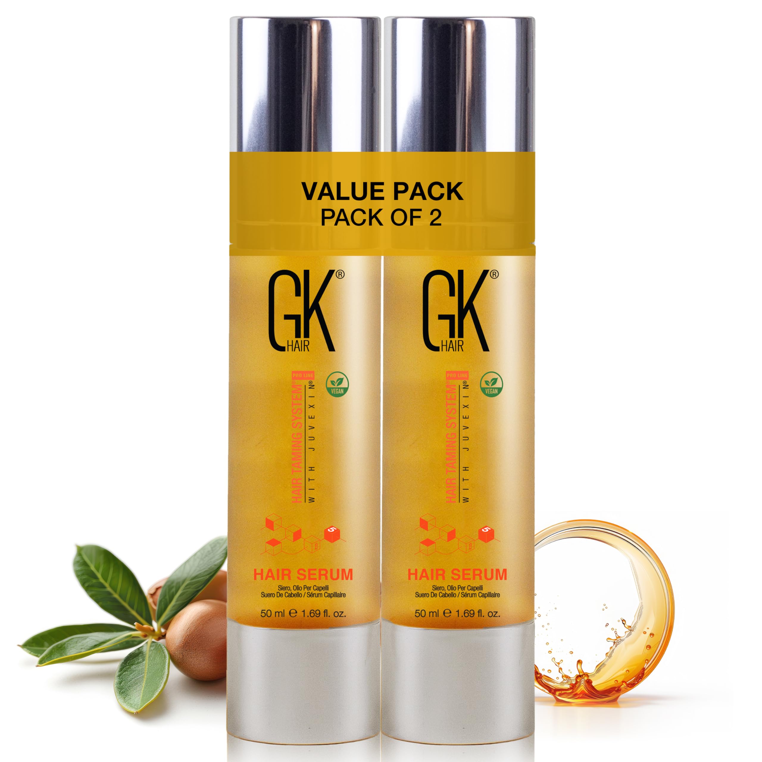 GK HAIR Oil Frizz Serum bottle demonstrates lightweight formula for silky, frizz-controlled hair.