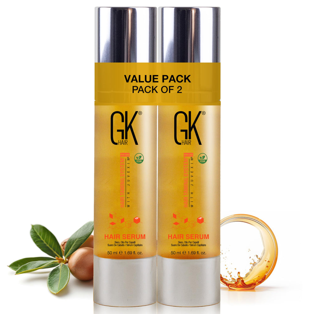 GK HAIR Oil Frizz Serum bottle demonstrates lightweight formula for silky, frizz-controlled hair.