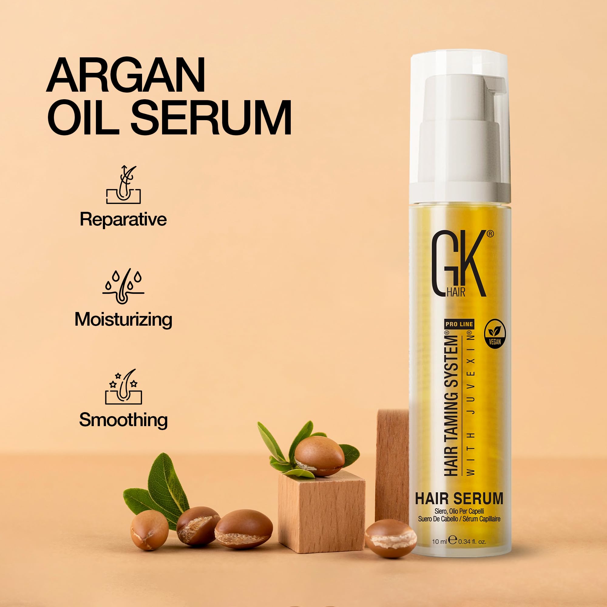 GK HAIR Oil travel-size bottle close-up with argan label.