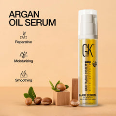 GK HAIR Oil travel-size bottle close-up with argan label.