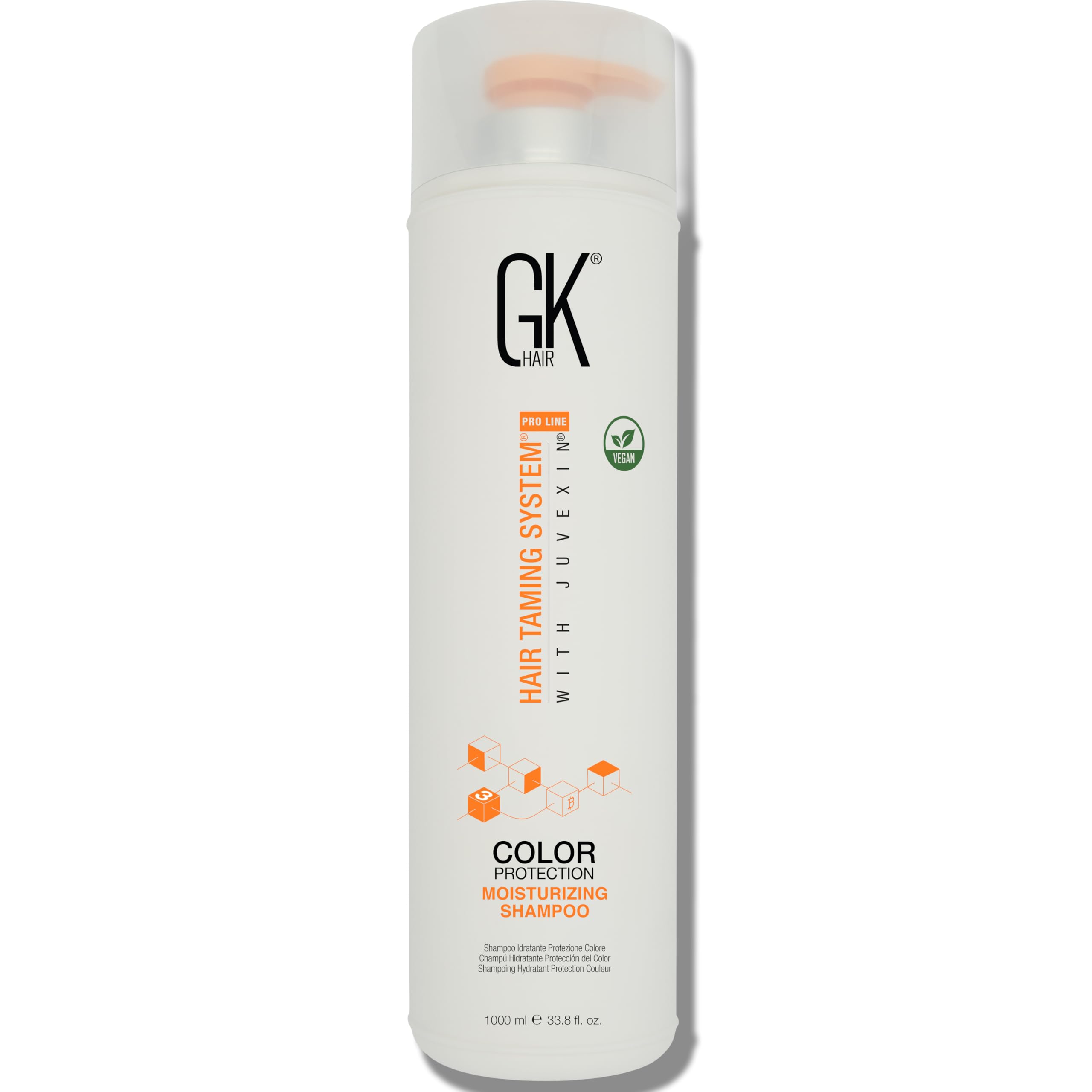 GK Hair sulfate-free moisturizing shampoo bottle promotes daily hydration and color protection.