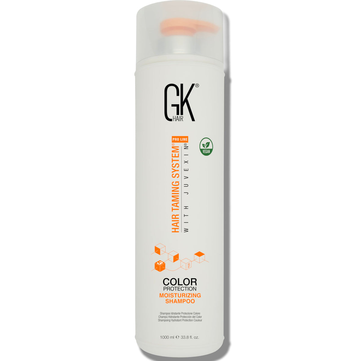 GK Hair sulfate-free moisturizing shampoo bottle promotes daily hydration and color protection.
