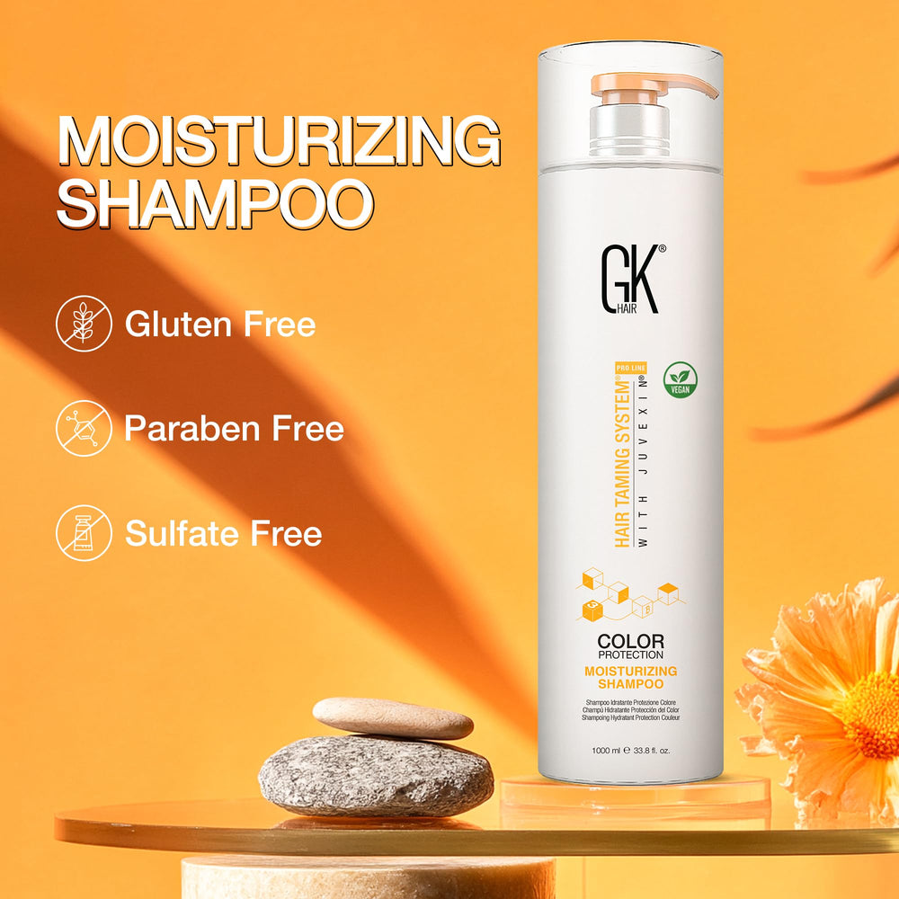 GK Hair color-treated detail emphasizes vibrant protection while cleansing.