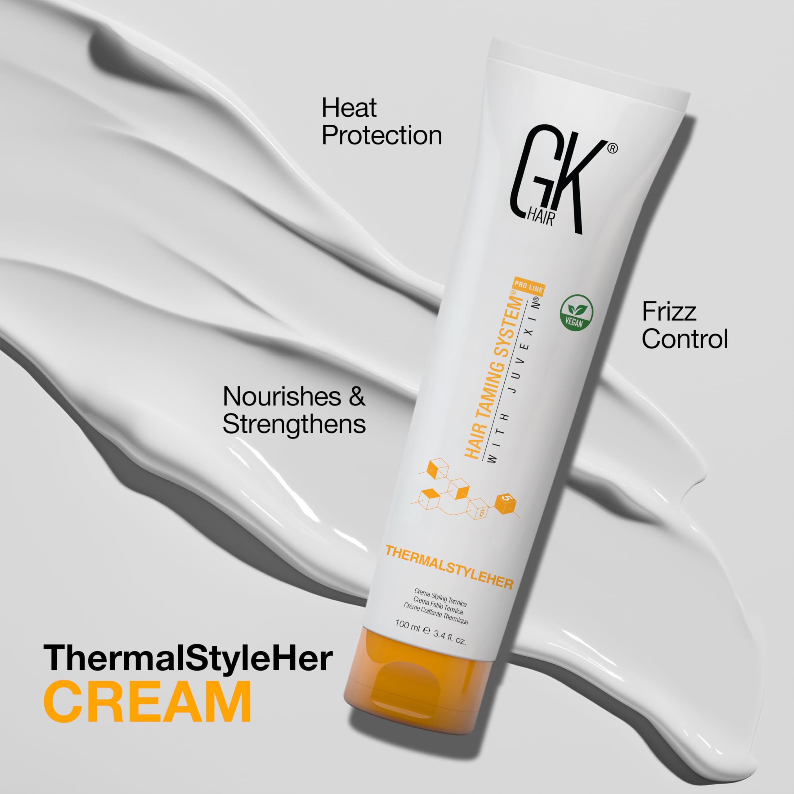 GKhair ThermalStyleHer cream being dispensed illustrating easy application and moisture protection.