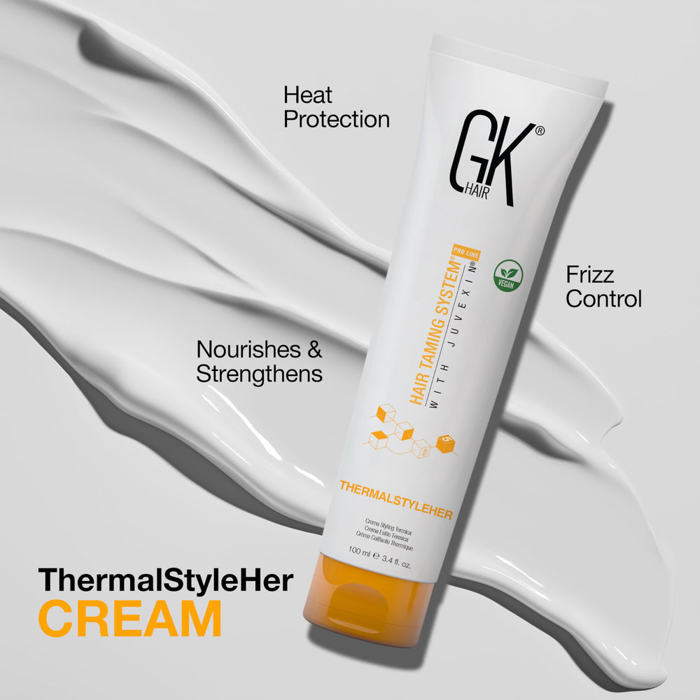 GKhair ThermalStyleHer cream being dispensed illustrating easy application and moisture protection.