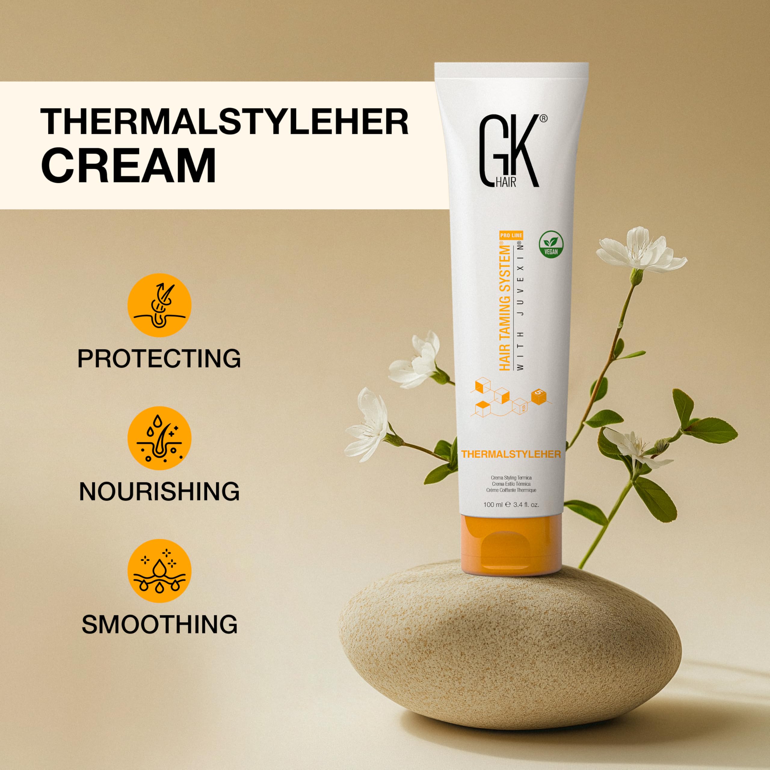 GK Hair ThermalStyleHer silicone-rich formula delivers silky finish and frizz control.