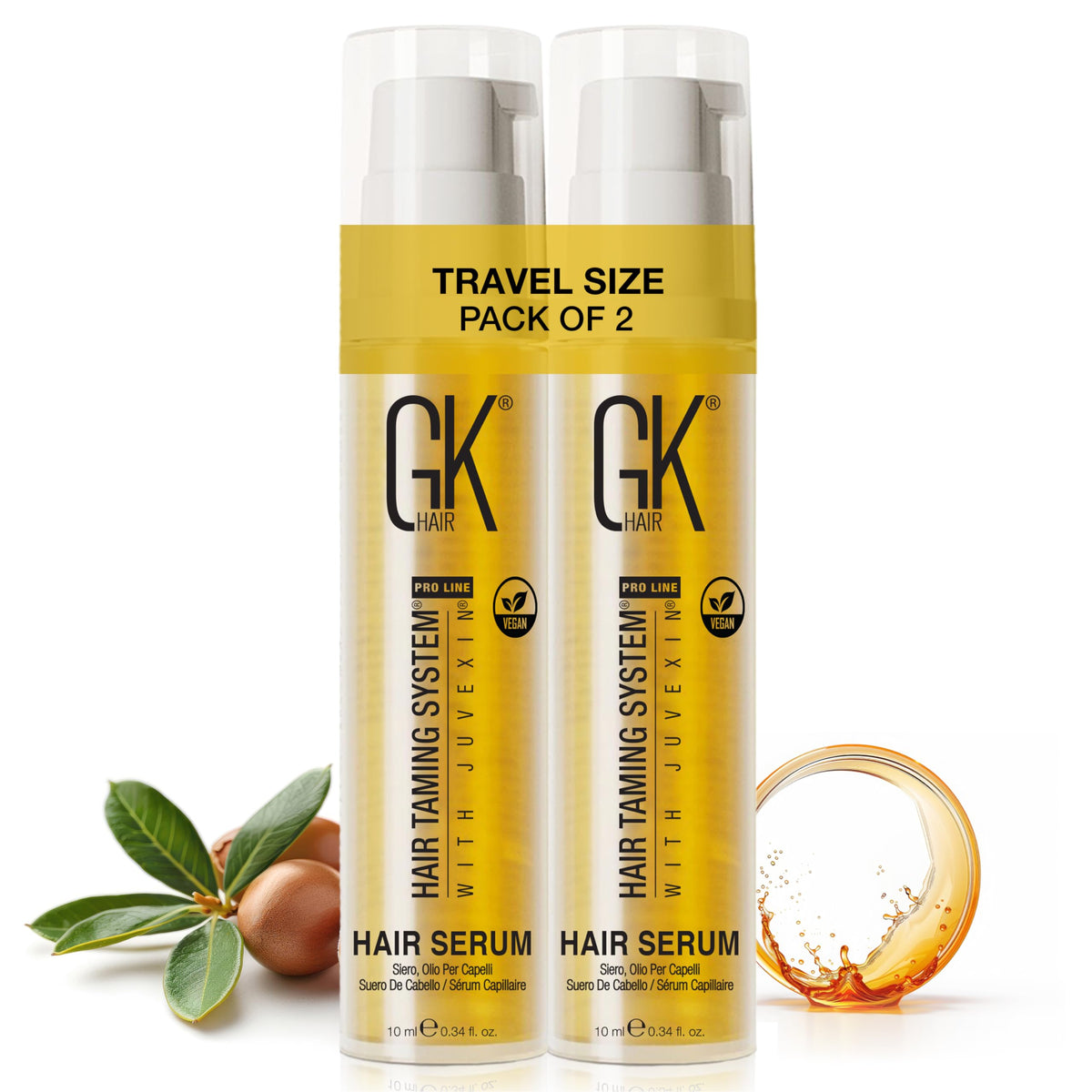 GK HAIR travel-size hair oil bottle pour for lightweight hydration and frizz control.