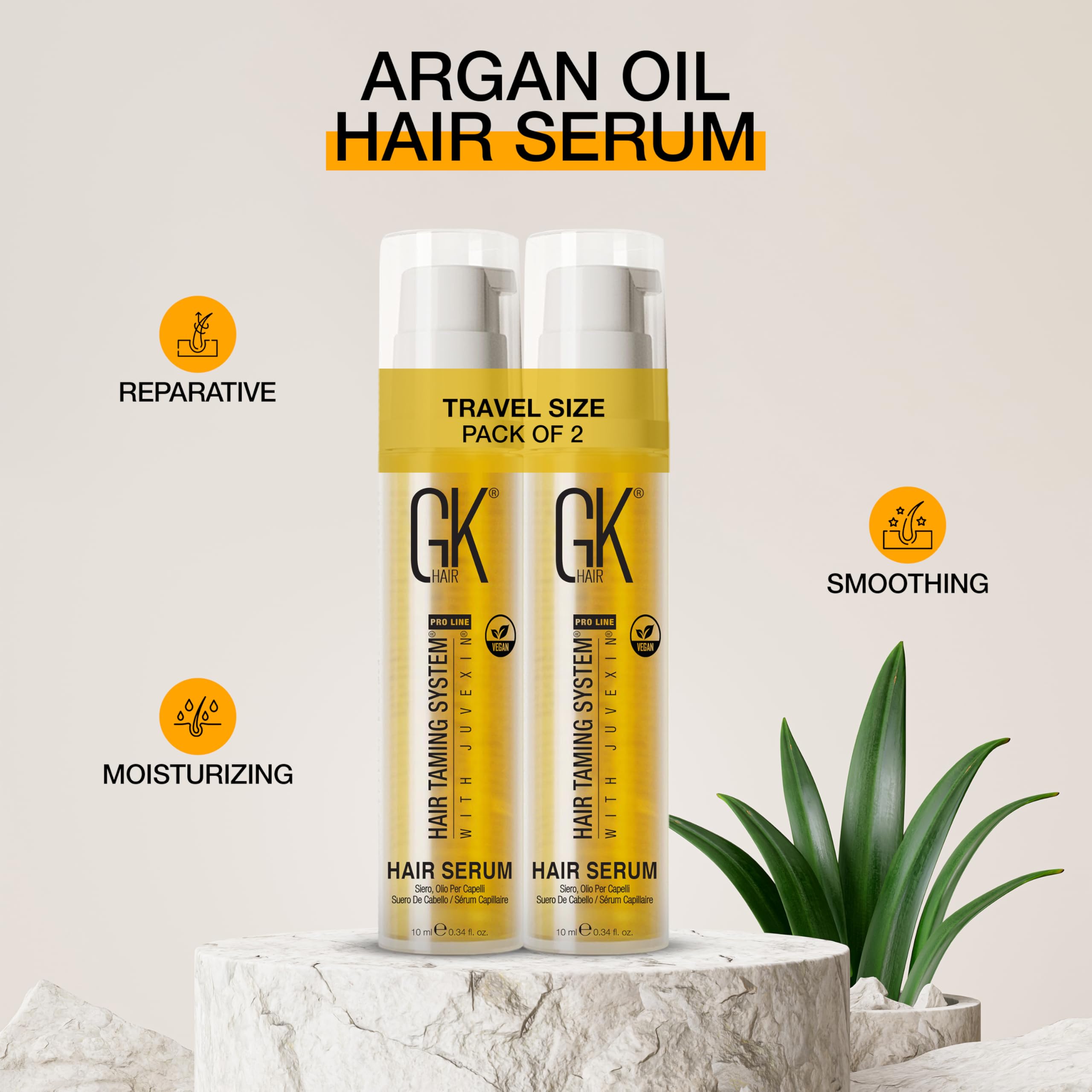 GK HAIR travel-size oil duo ready for refillable travel routine.