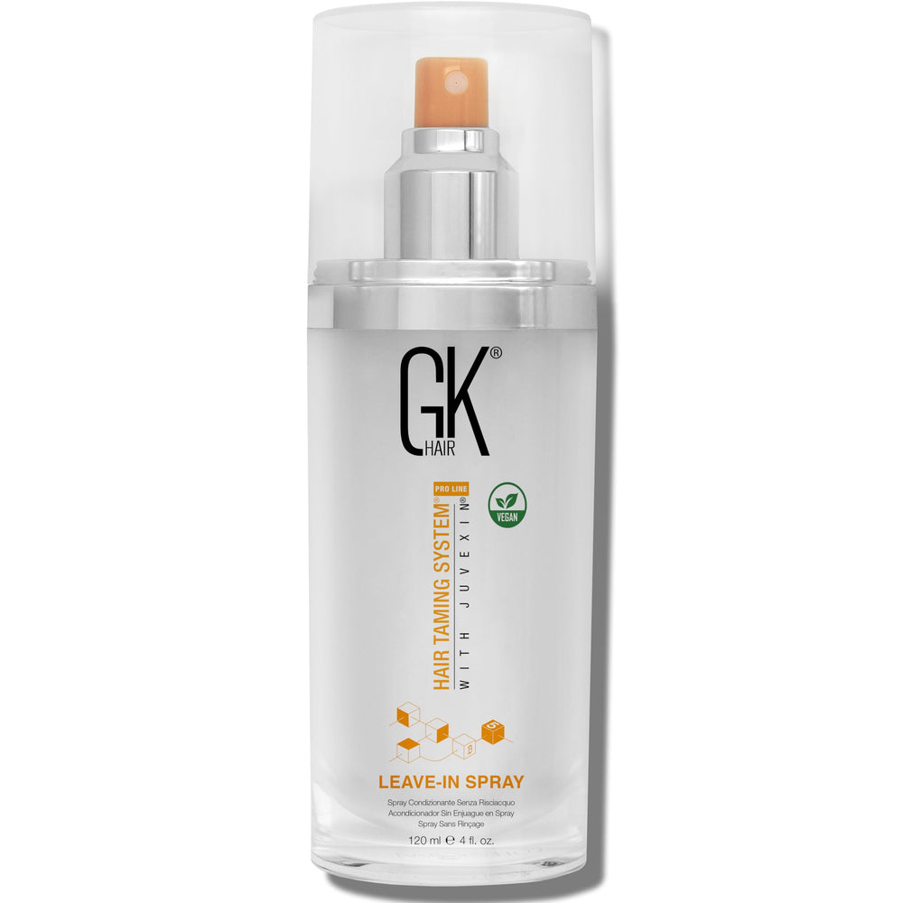 GK HAIR Vegan Leave-In Conditioner Spray bottle demonstrates lightweight detangler for frizz control.