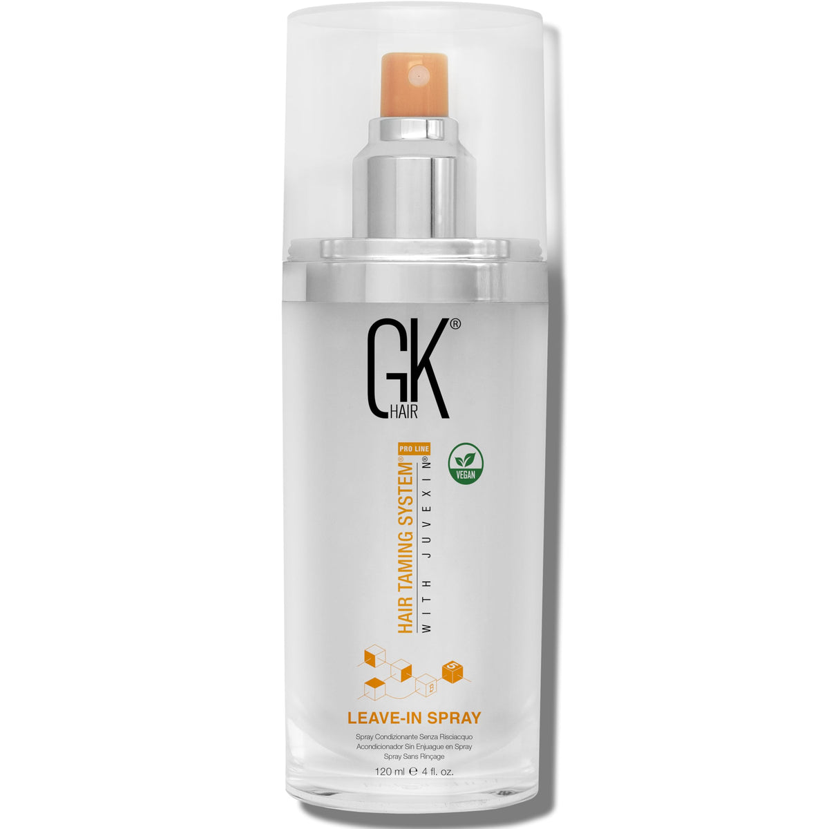 GK HAIR Vegan Leave-In Conditioner Spray bottle demonstrates lightweight detangler for frizz control.