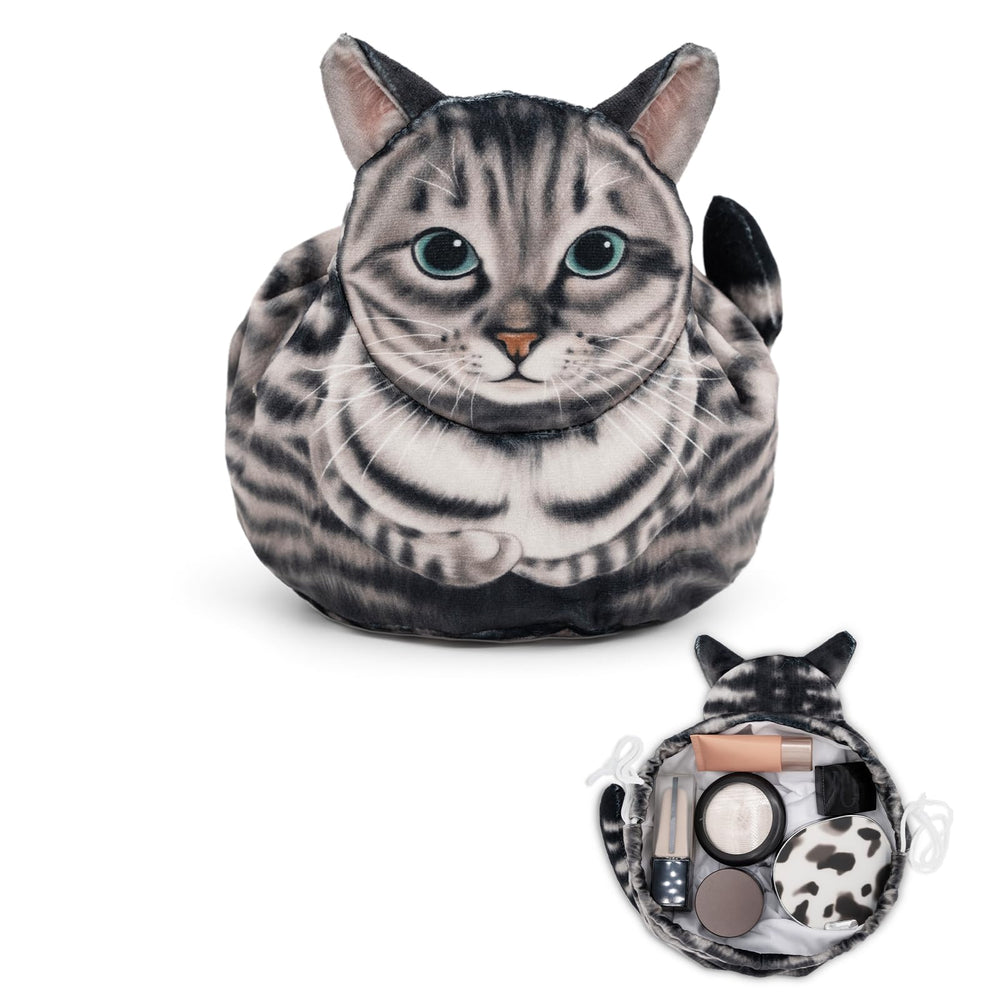 GKIOYRO drawstring makeup bag gray cat front view — spacious travel organizer.