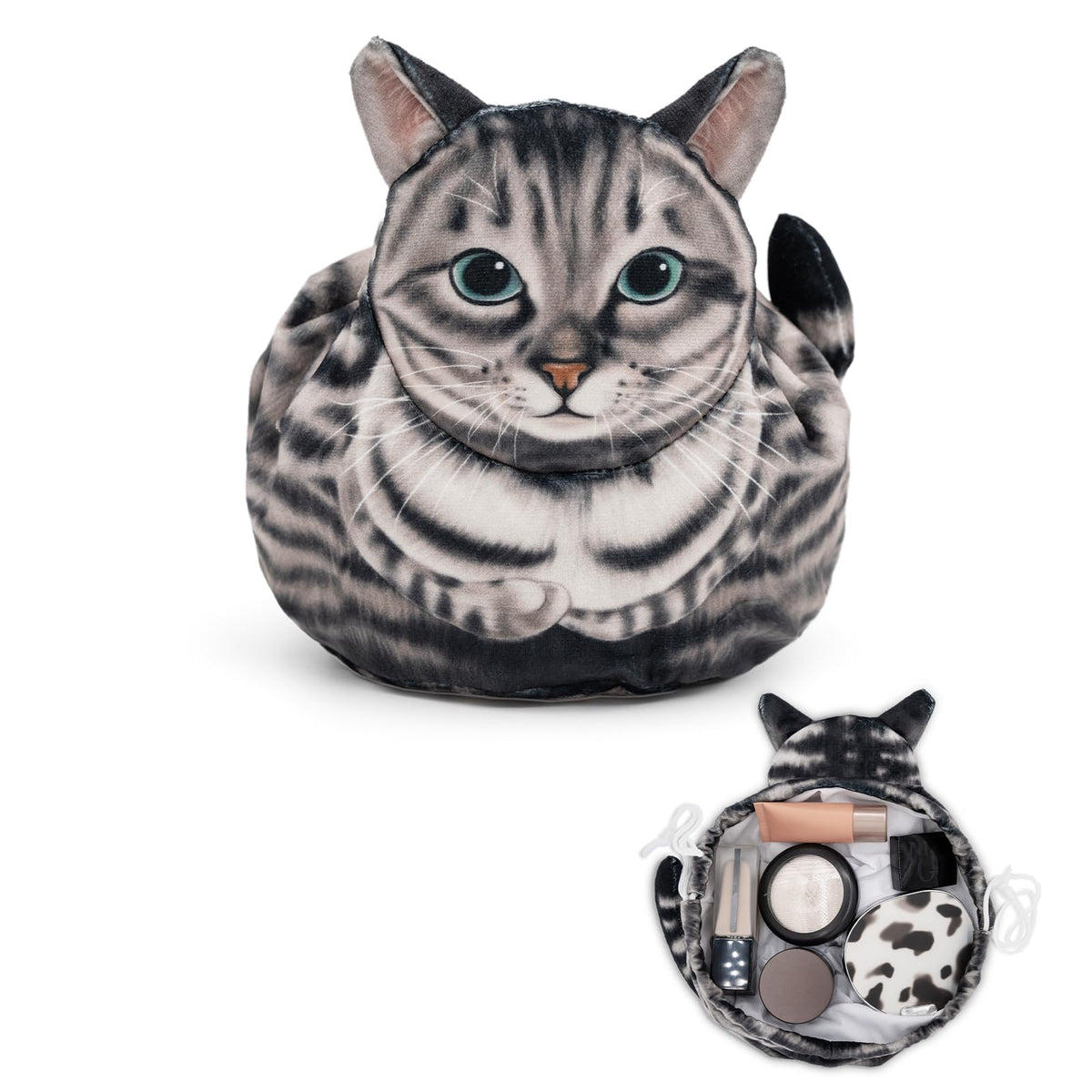 GKIOYRO drawstring makeup bag gray cat front view — spacious travel organizer.