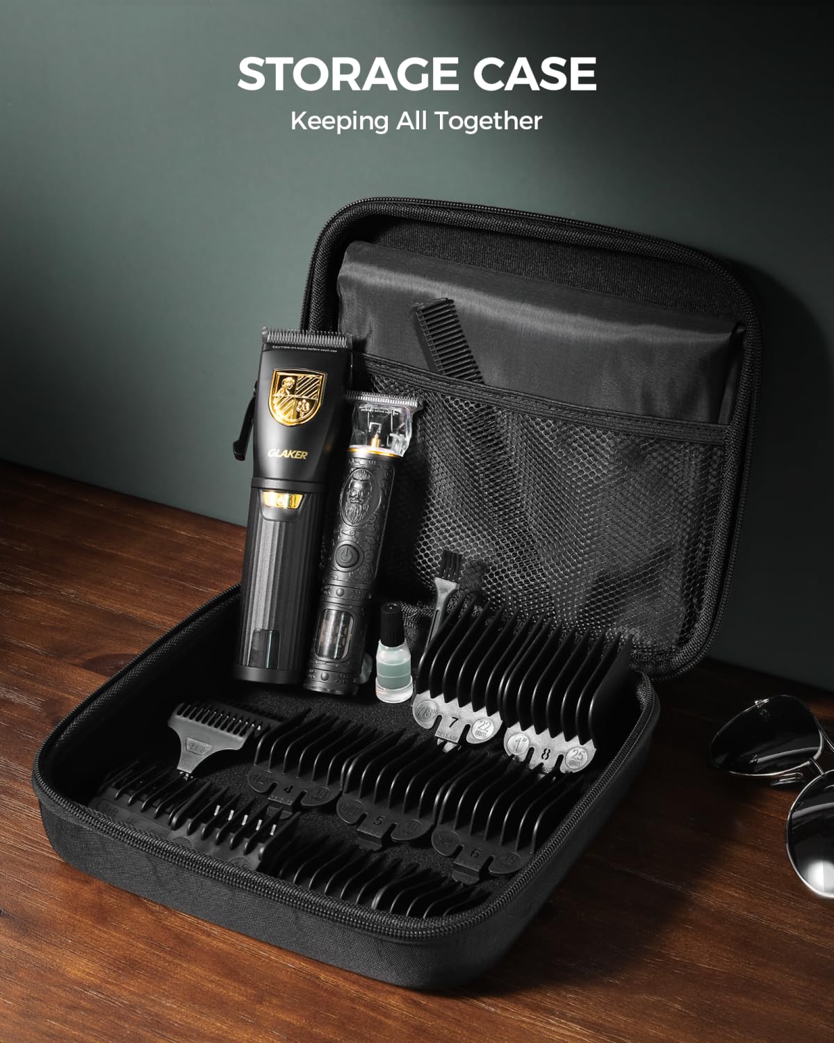 GLAKER premium accessories include storage bag, cape, brush, and USB cables