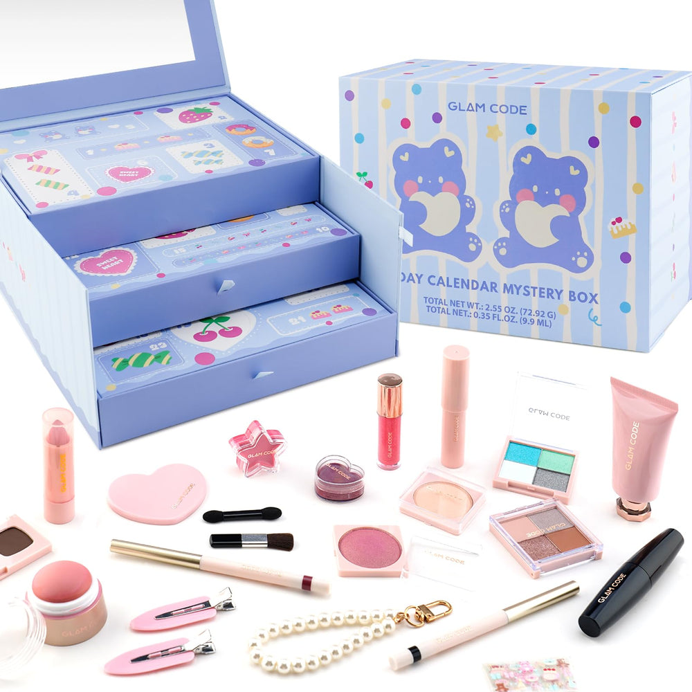 Glam Code 24-day advent calendar blue box opens daily beauty surprises for festive joy.