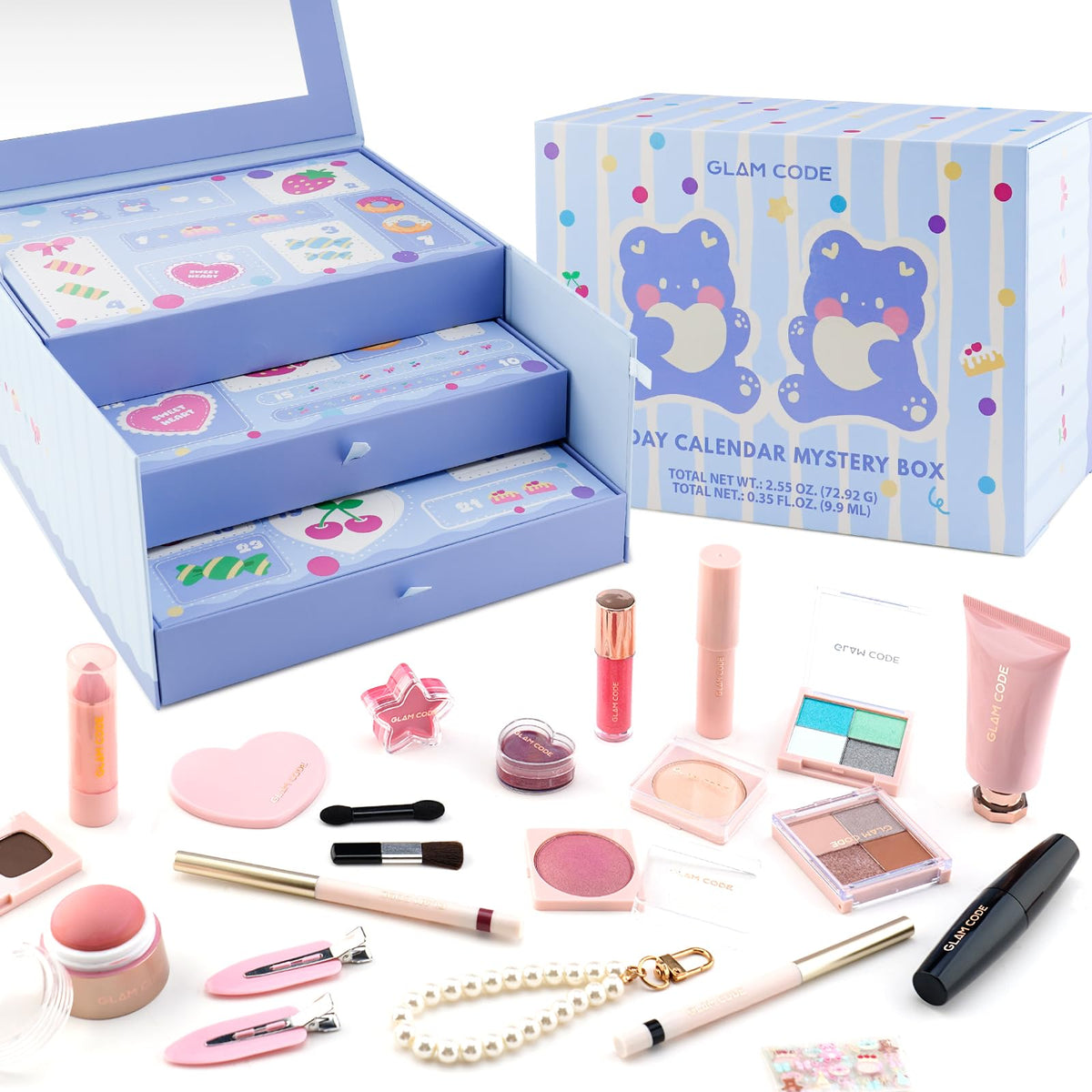 Glam Code 24-day advent calendar blue box opens daily beauty surprises for festive joy.