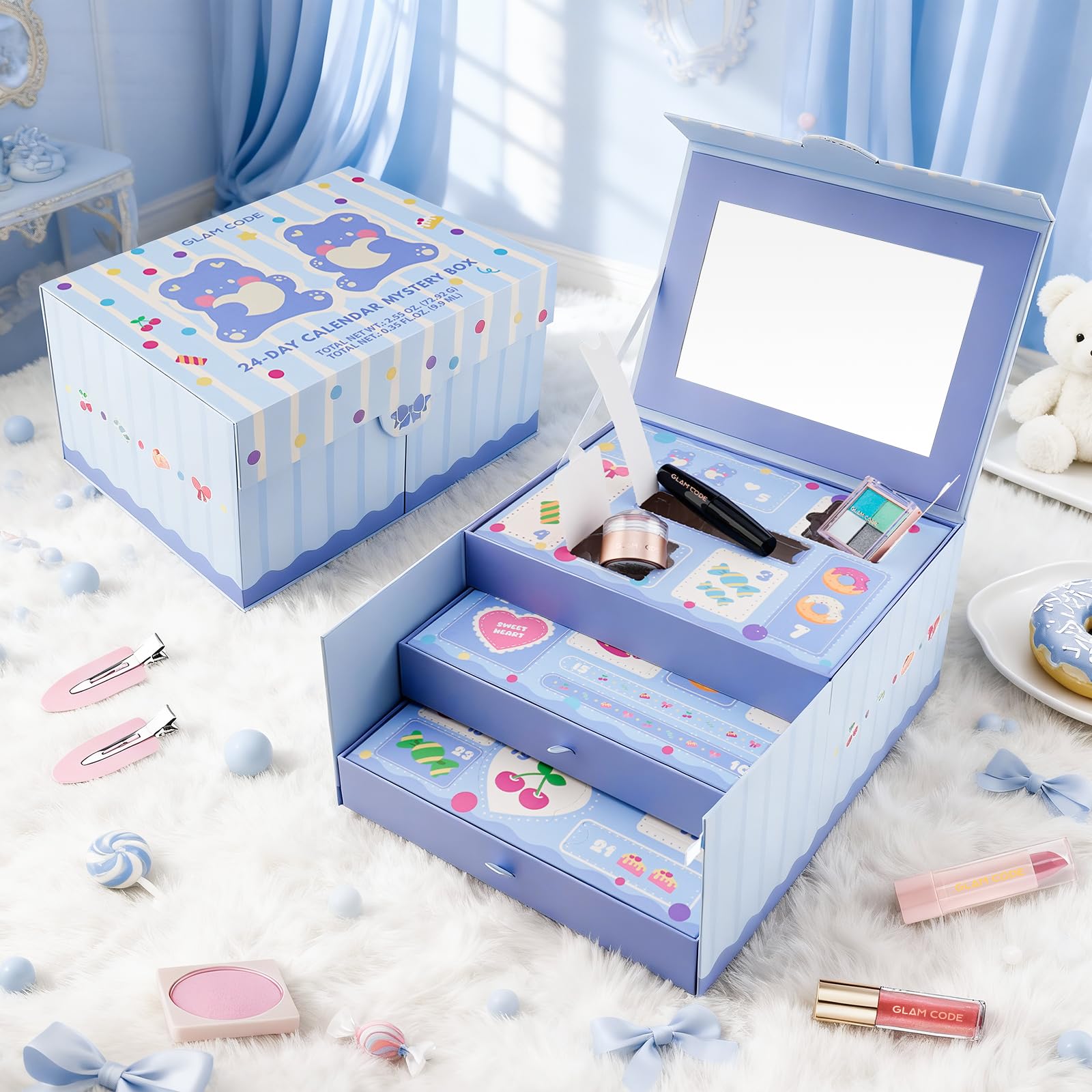 Glam Code gift box with three layer compartments keeps cosmetics organized.