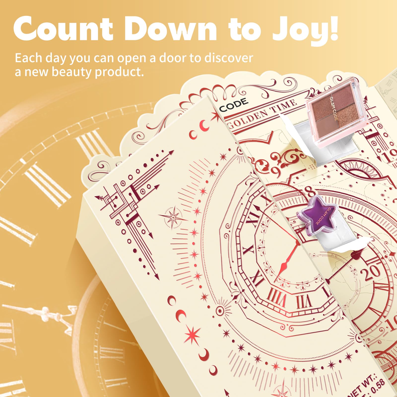 Glam Code advent calendar interior Greek gate design hinting timeless beauty moments.