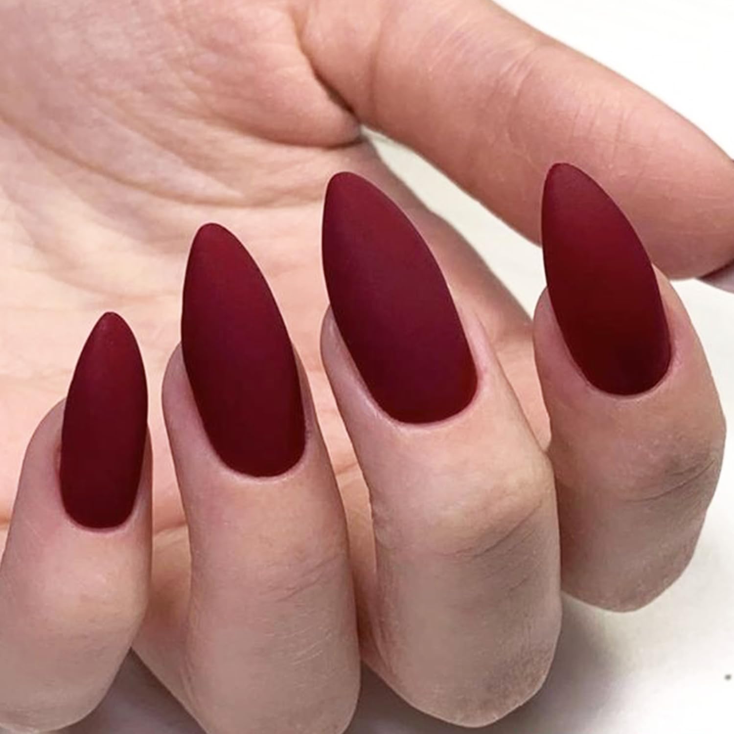 GLAMERMAID dark red press-on nails in medium almond offer salon-quality shine at home