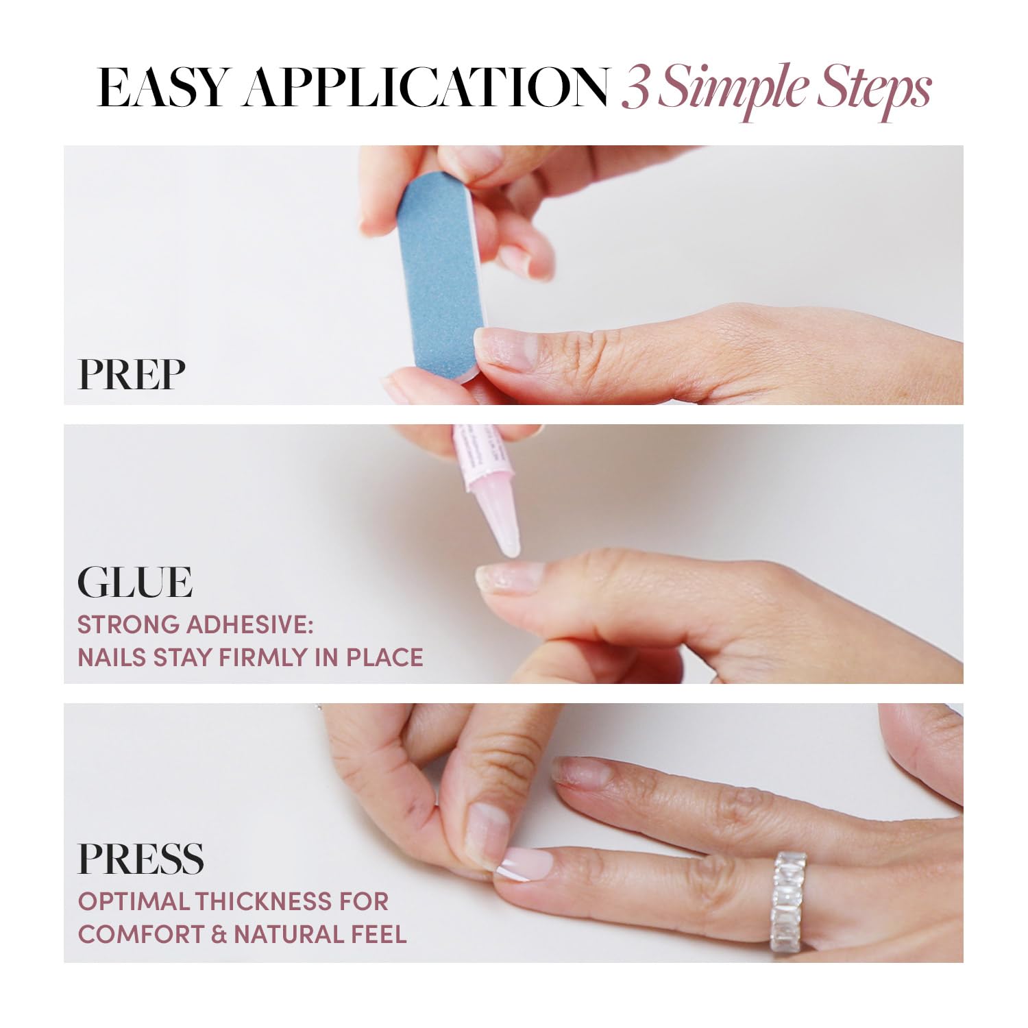 Glamnetic Bark Brown nails being applied on short fingertips, highlighting natural fit.