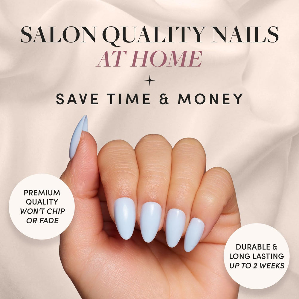 Glamnetic Blueberry Milk nails gloss closeup shows durable shine and long wear.