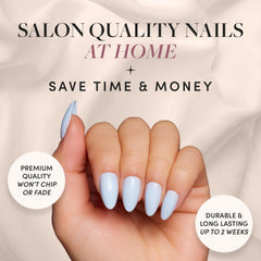 Glamnetic Blueberry Milk nails gloss closeup shows durable shine and long wear.