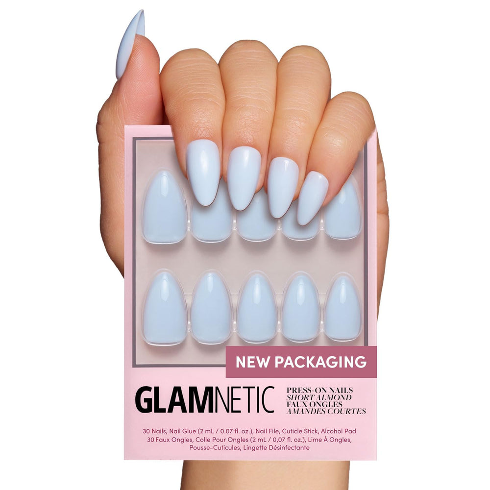 Glamnetic Blueberry Milk nails set with solid blue tips for quick, chic manicures.
