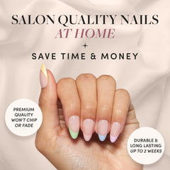 Glamnetic Confetti pastel-tip nails for versatile day-to-night looks and easy styling.