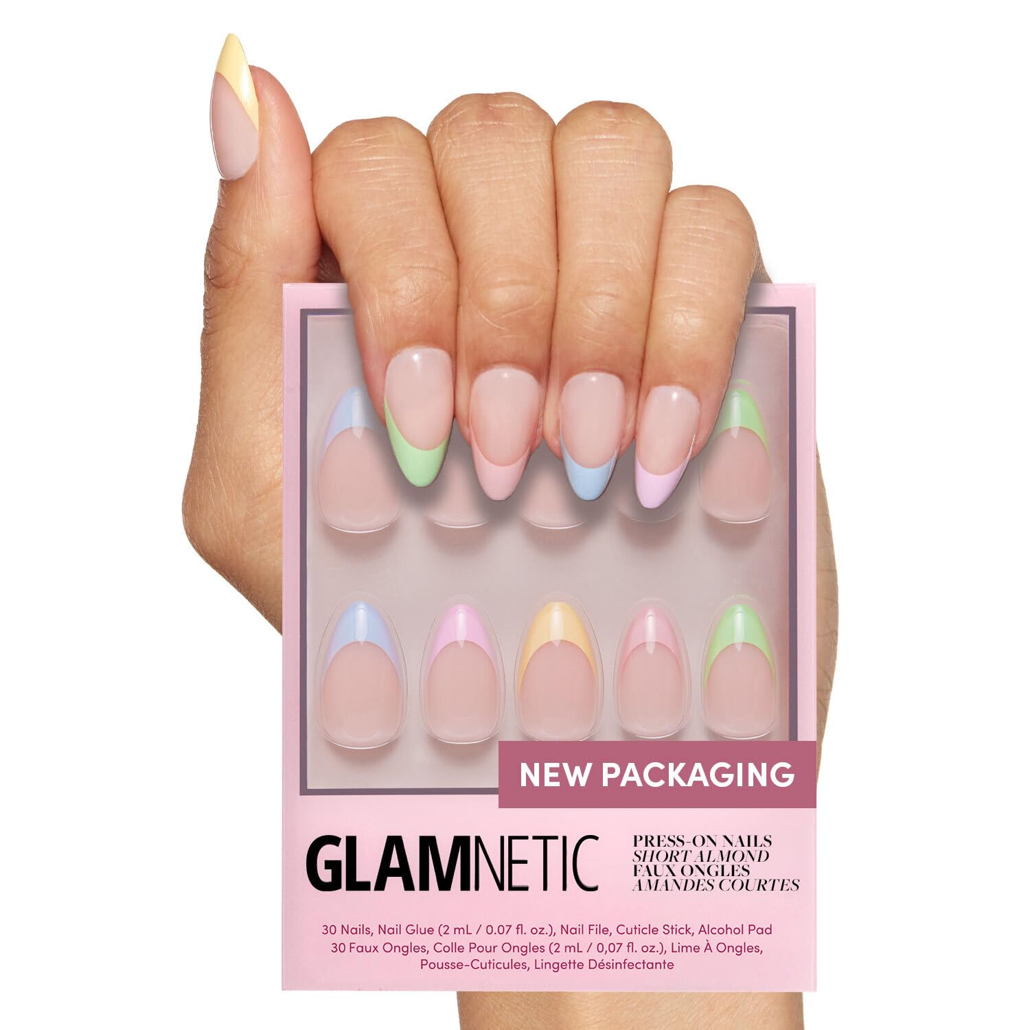 Glamnetic Confetti semi-transparent base nails with pastel tips for a chic, salon-quality manicure with long wear.