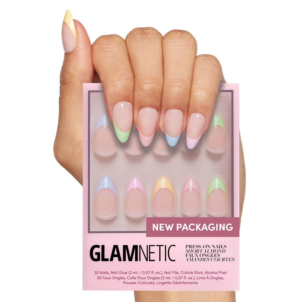 Glamnetic Confetti semi-transparent base nails with pastel tips for a chic, salon-quality manicure with long wear.