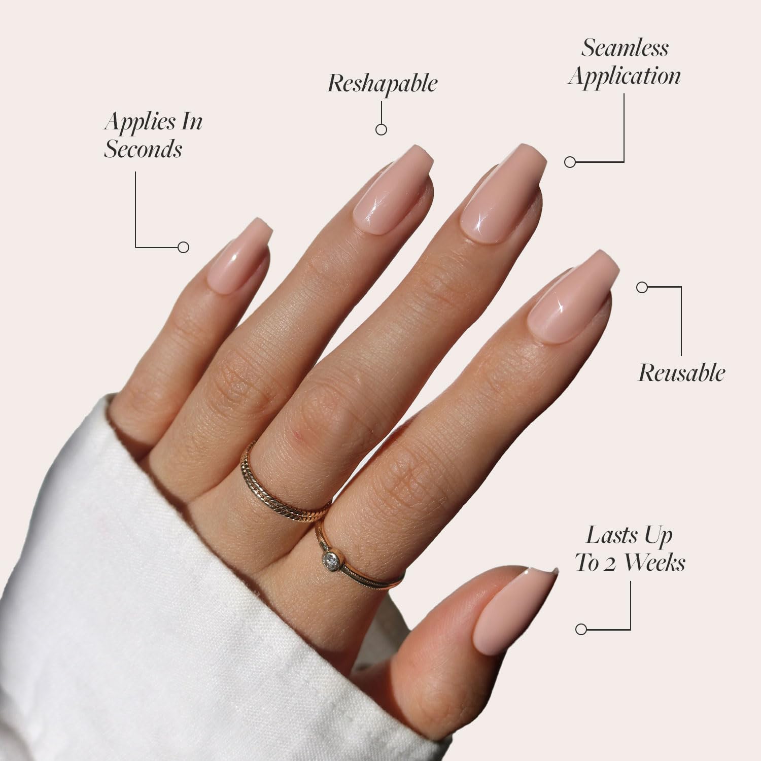 Glamnetic Exposed nails on hand display showcasing elegant coffin shape.