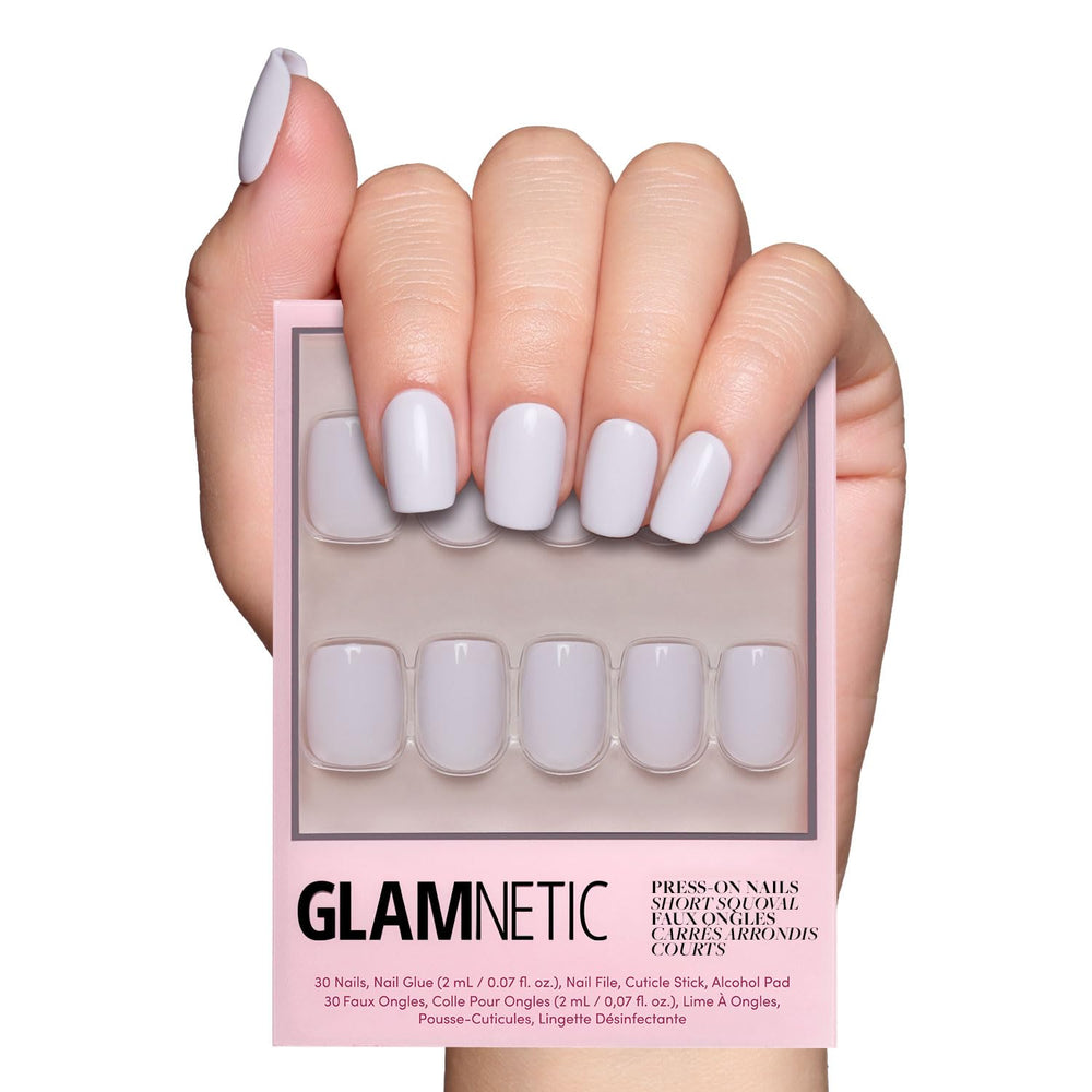 Glamnetic Lilac Gray nails closeup with glossy finish and durable wear