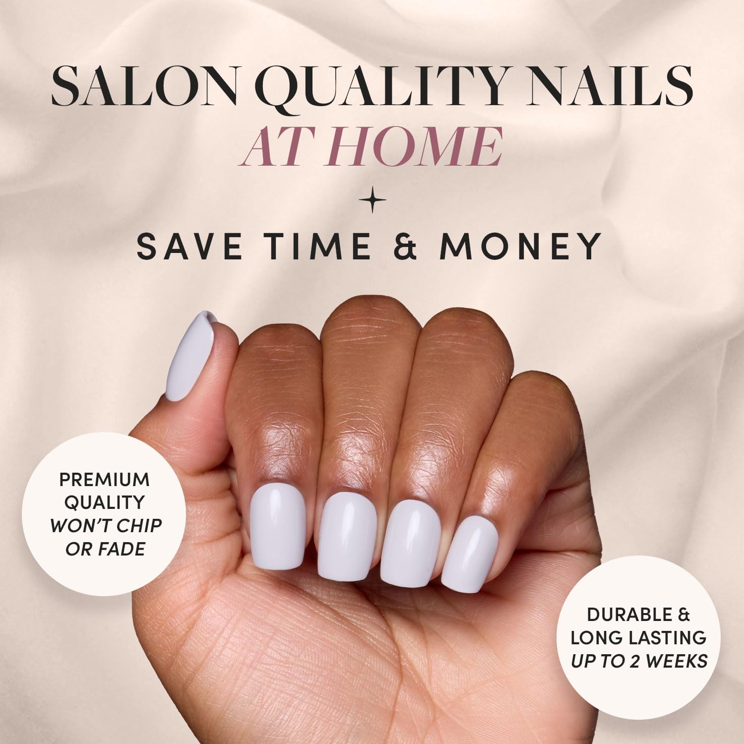 Glamnetic Lilac Gray press-on nails kit shown with 30 nails and storage box
