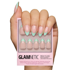Glamnetic Pistachio Crème nails closeup highlighting glossy almond tips with salon-grade shine.