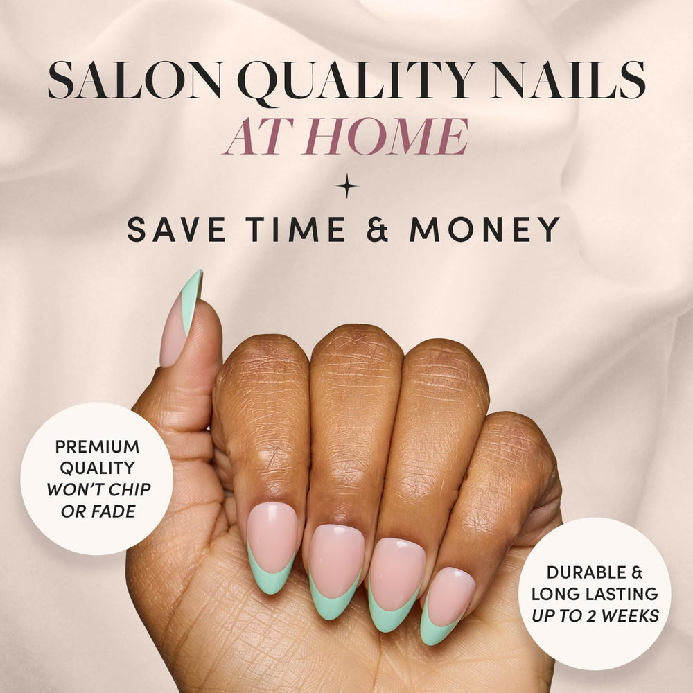 Glamnetic Pistachio Crème nails in box showing 30-piece kit and travel storage.