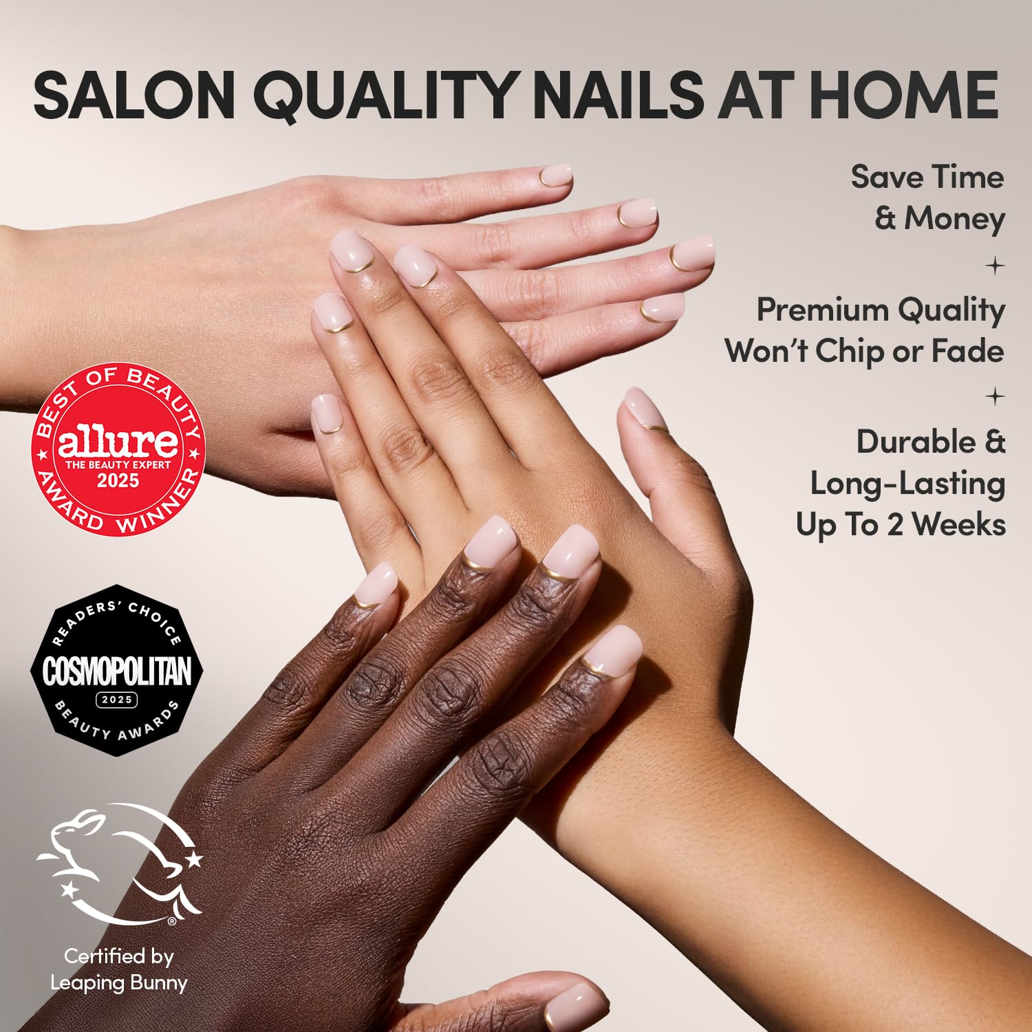 Glamnetic Quiet Luxury nails with gold-reverse French tip for refined evening look