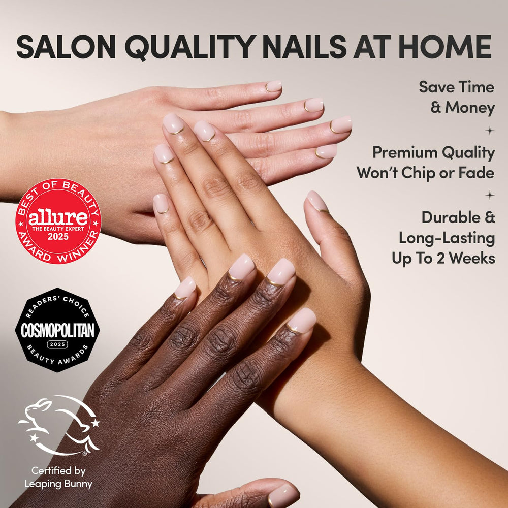 Glamnetic Quiet Luxury nails with gold-reverse French tip for refined evening look