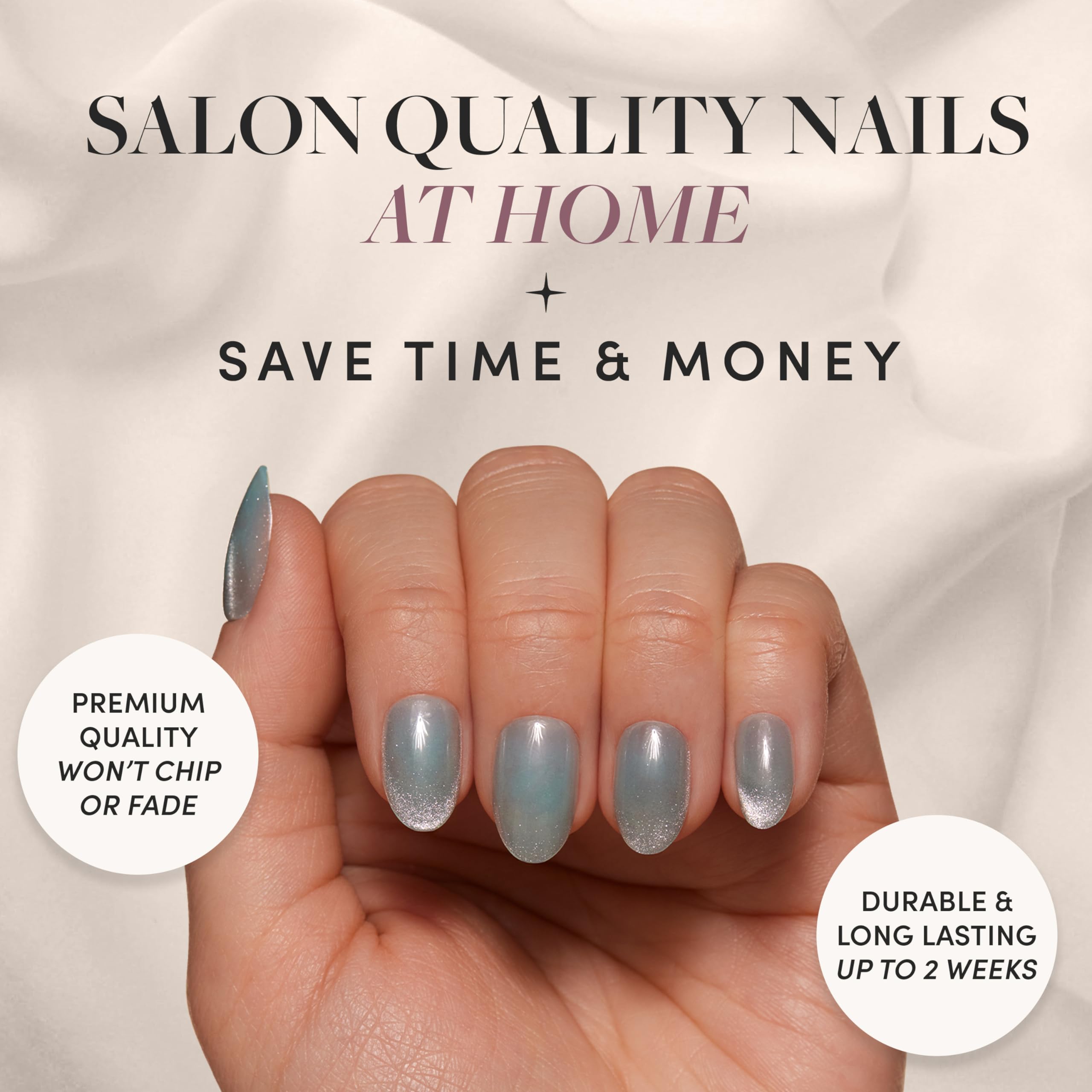 Glamnetic short oval nails in mist-gray finish for comfortable daily wear